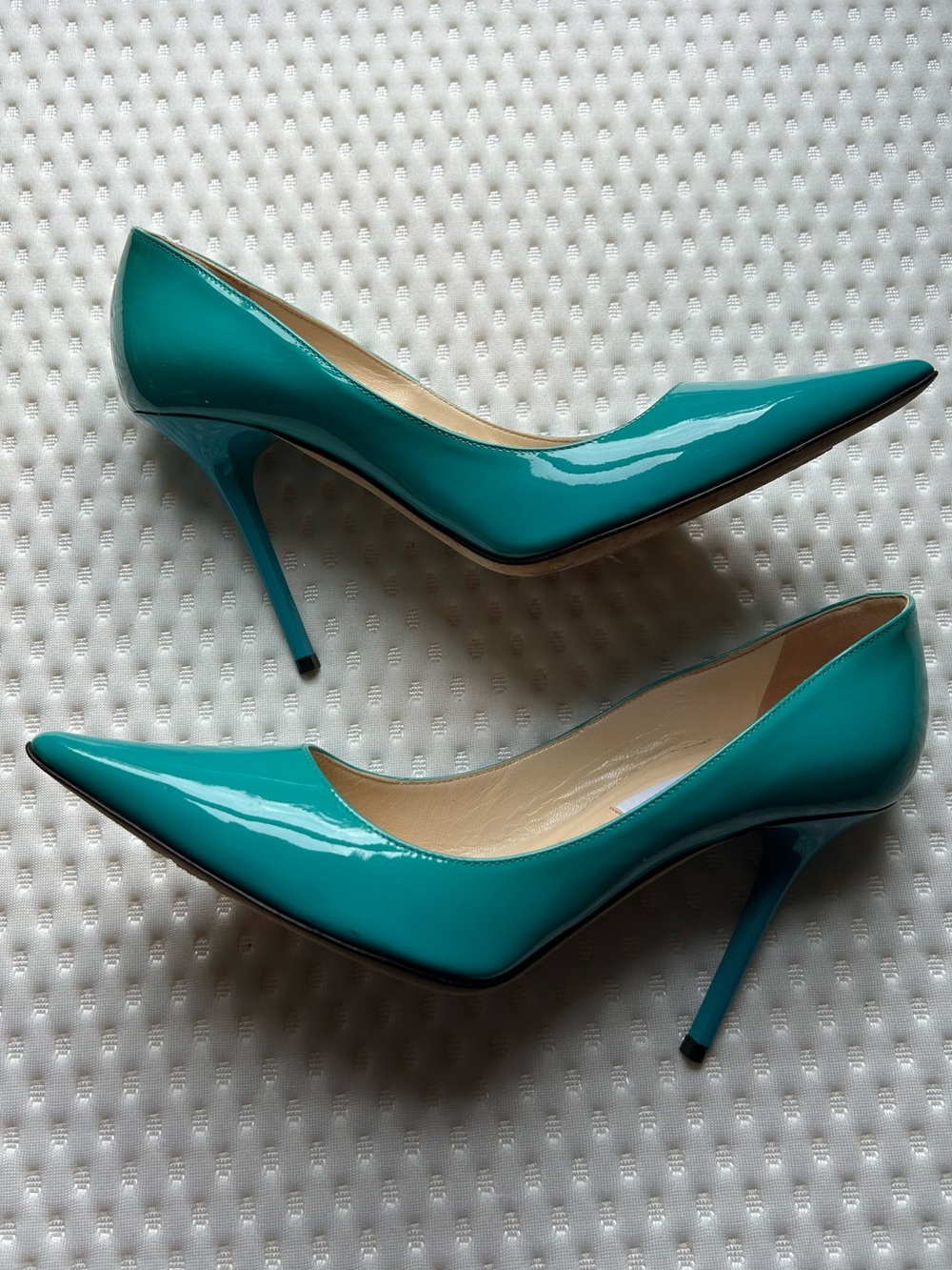 Jimmy Choo Anouk 120 Azora Turquoise Patent Leather Pumps IT 38 US 8